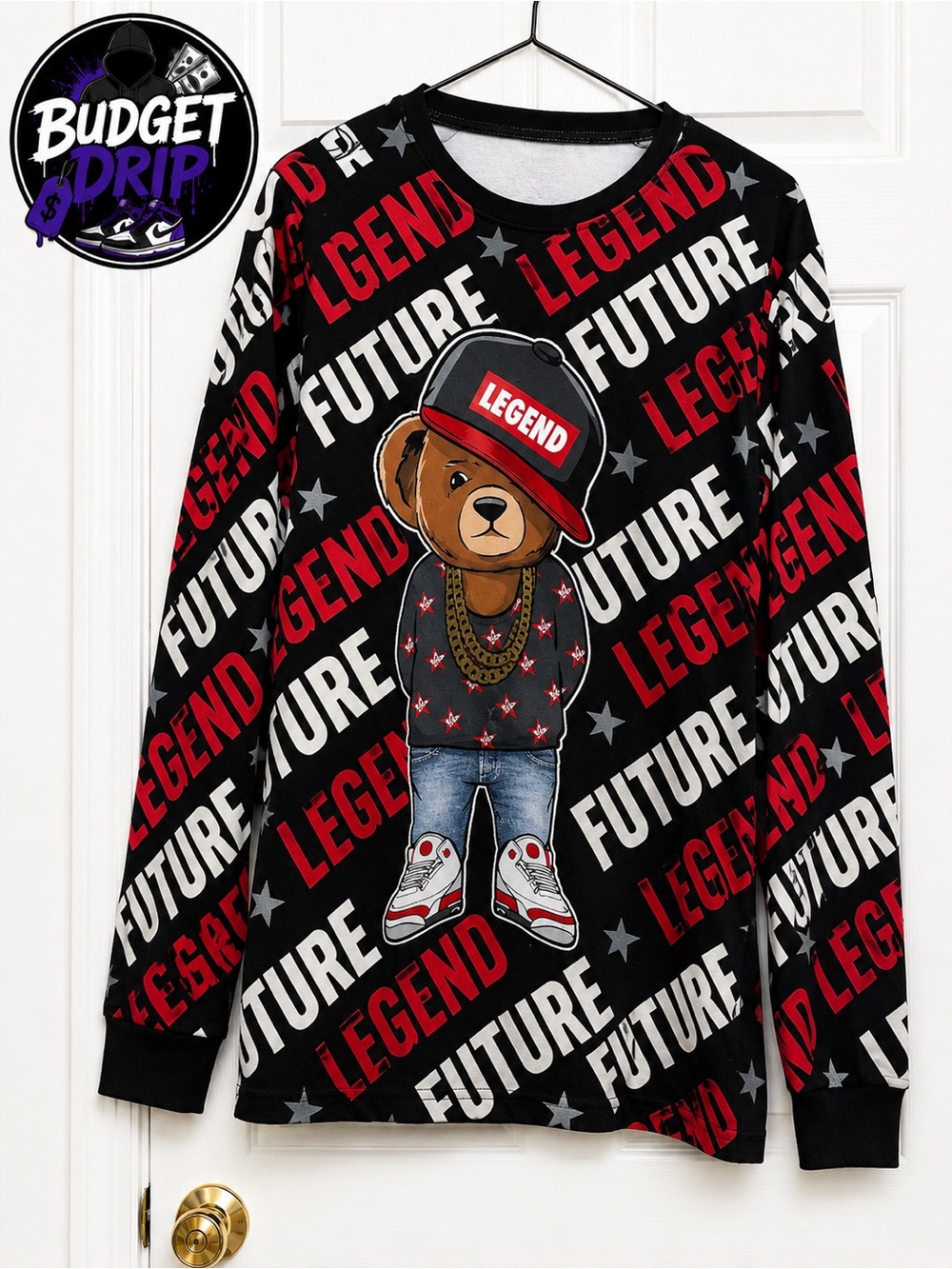 Legend Future Bear Graphic Long Sleeve Tee - Black & Red